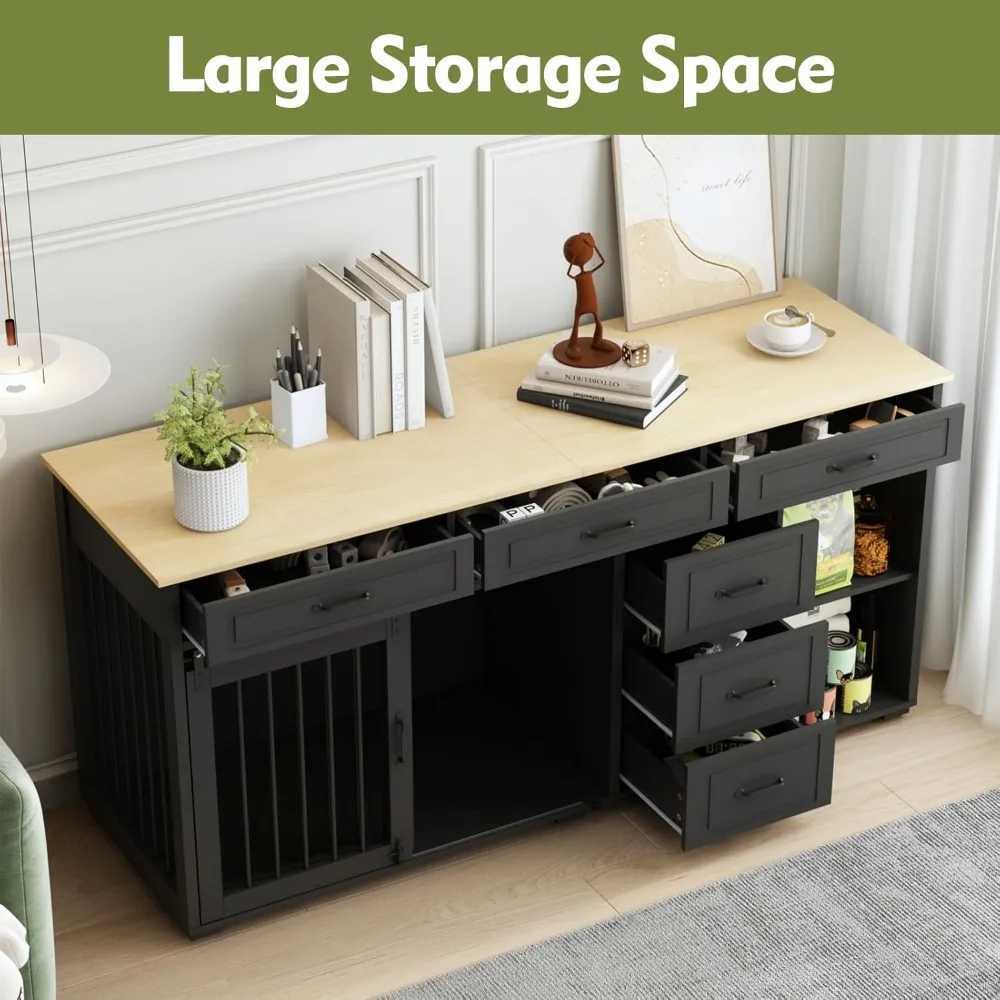 Dog box with storage function 72.4-inch wooden heavy-duty dog shelter table furniture with drawers and shelves indoor dog house TV X250412