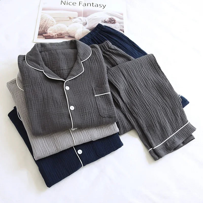 MIANDUONI Mens Sleepwear Set Loose Home Textile Spring and Autumn Cotton Crepe Long Sleeve Open cardigan TopPant 2-piece Solid Color Set 250411