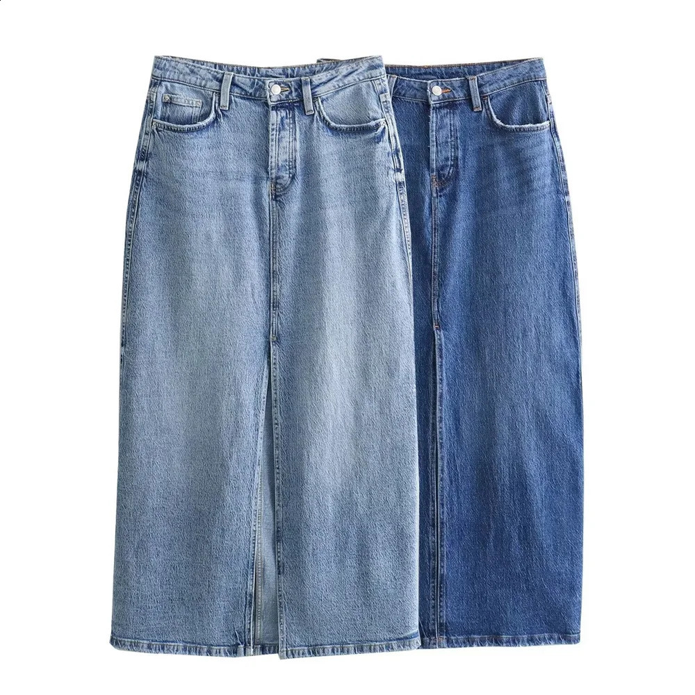Zach Ailsa Spring Product Womens Fashion Style High Waist Midi Wrap Hip Slim Fit Blue Split Denim Skirt 250407