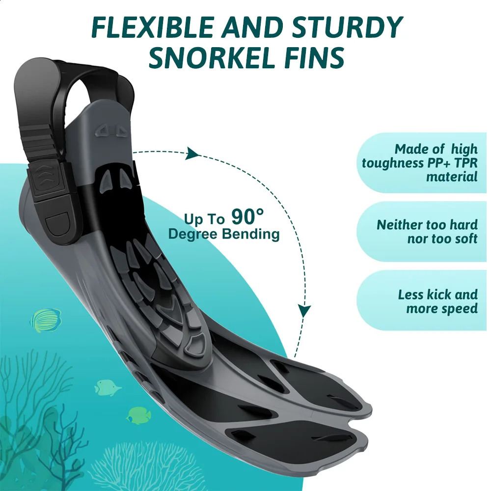 Snorkel Fins Adjustable Buckles Swimming Flippers Short Silicone Scuba Diving Shoes Open Heel Travel Size Adult Men Womens 250411