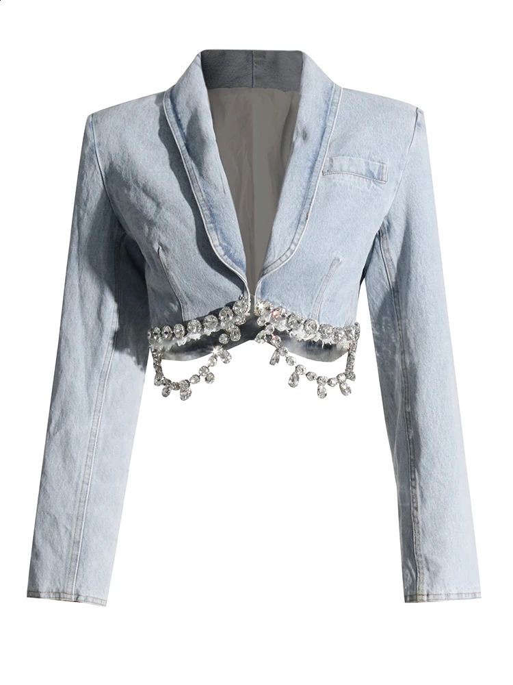 GALCAUR Slimming Denim Two Piece Set For Women Lapel Long Sleeve Coat High Waist Mini Skirt Patchwork Diamond Sets Female 250411