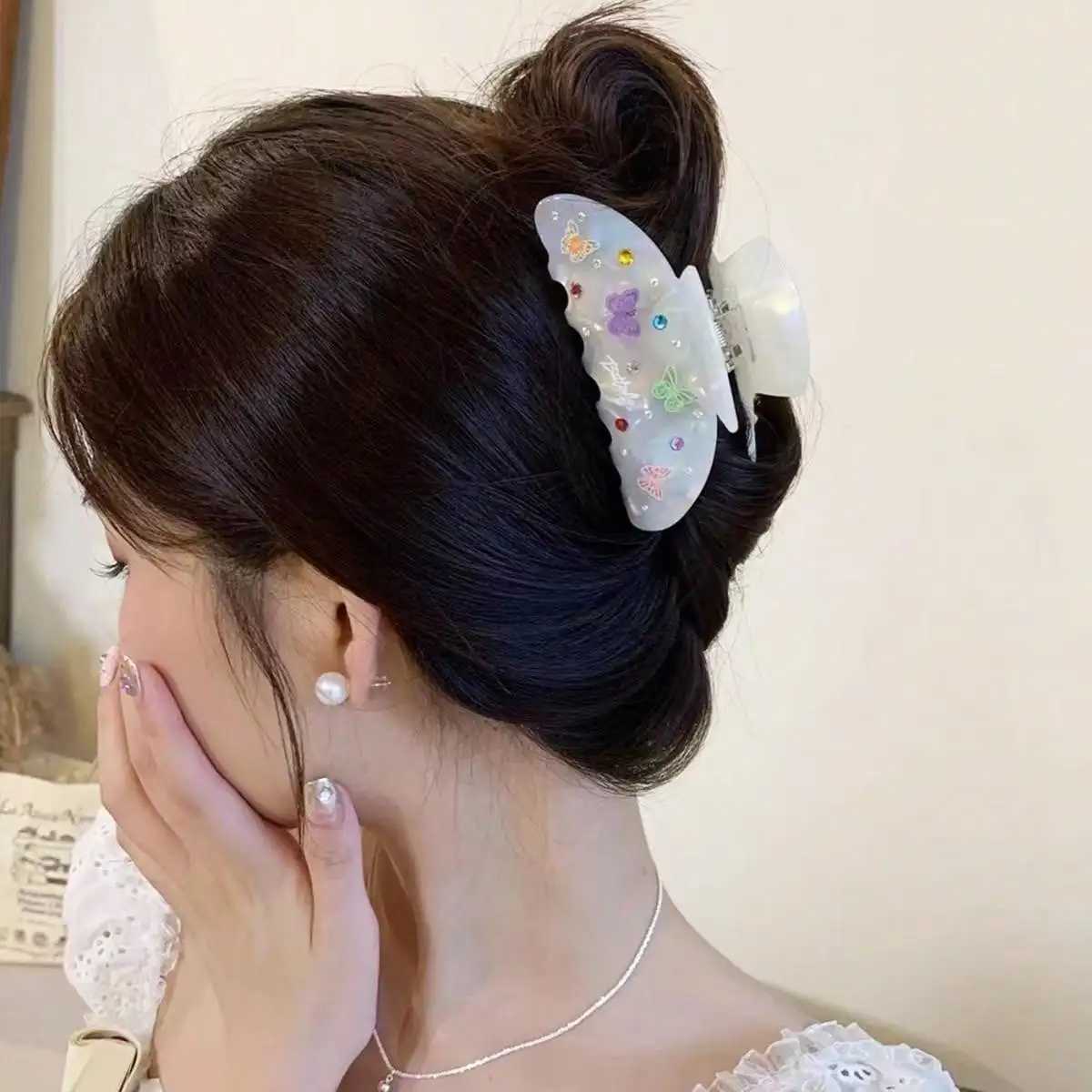 1 elegant acrylic hair clip with rhinestone butterfly - tight grip suitable for thick curly hair Y2504012