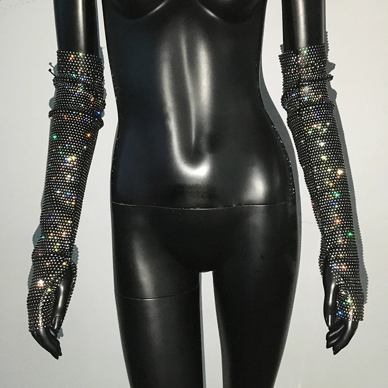 Y2K Streetwear Sparkly Dimaond Gloves Fishnet See Through Sunscreen Oversleeve Crystal Rhinestone Club Rave Festival Fingerless 250408