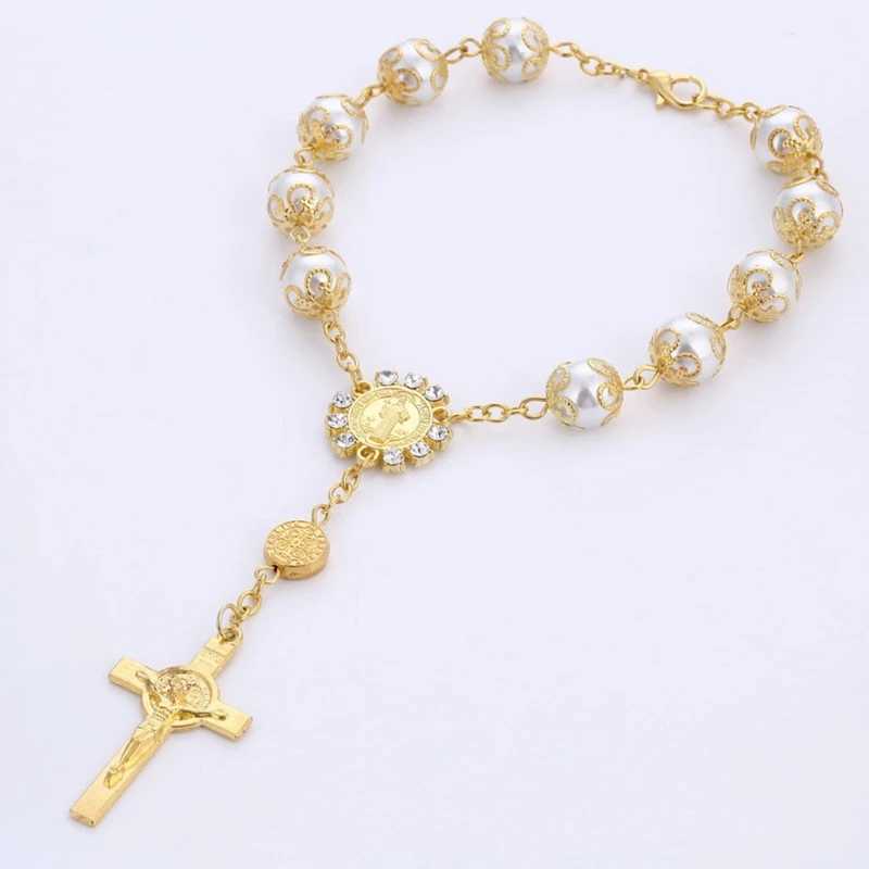 One Decade Auto Rosary Beads Catholic Bracelet Saint Benedict Crucifix Divine Mercy Gift for Women MenC250411