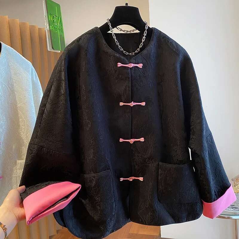 Designer Clothes Jacquard Chinese Style Loose Fit Women's 2024 Spring Autumn New Color Blocking Cardigan Jacket For Fashion