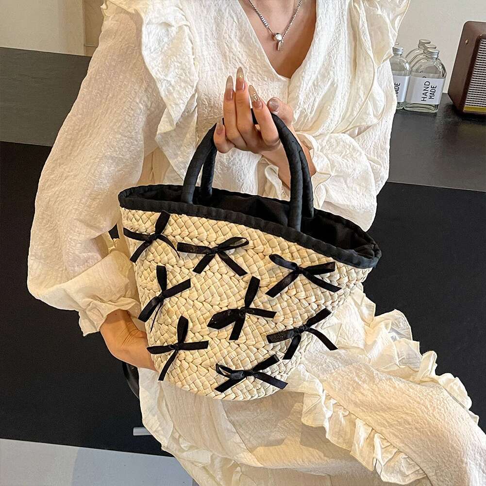 Summer Tote For Women Fashion Woven Raffia Basket Bag Bow Elegant Top Handle Clutch Bags Ladies Drawstring Beach Handbags