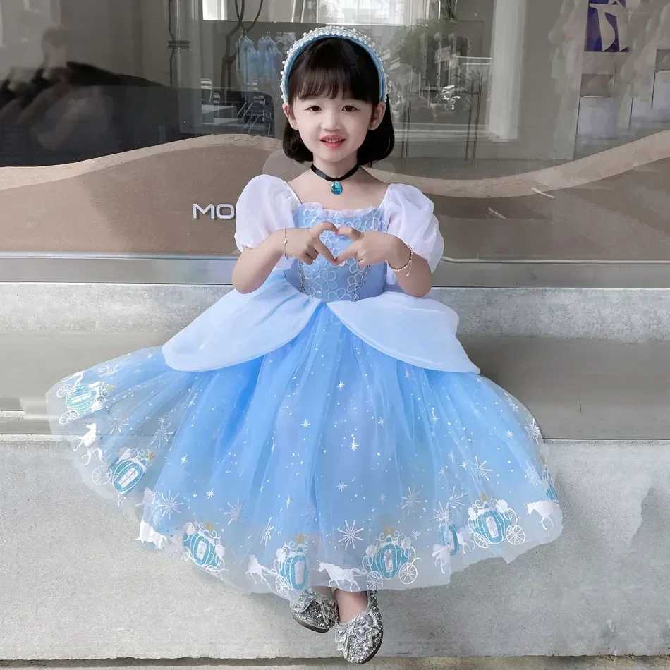 Disney Cinderella Princess Role Playing Dress Girl Childrens Ball Dress Glitter Carnival TUTU Puff Net Dress Birthday Gift Summer DressXJ250411