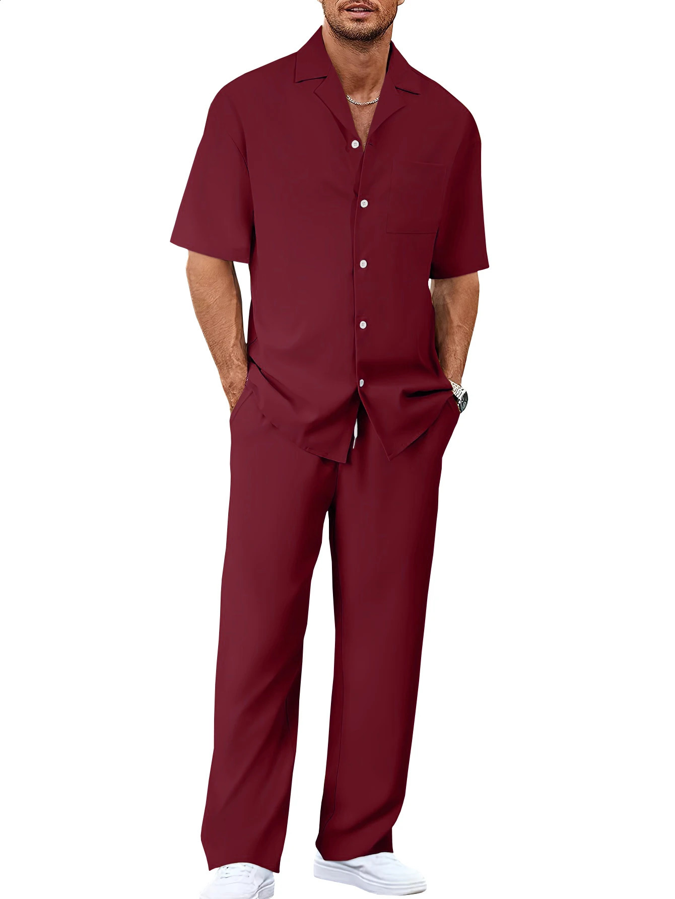 Mens suit collar short sleeved shirtloose straight leg pants set 250411