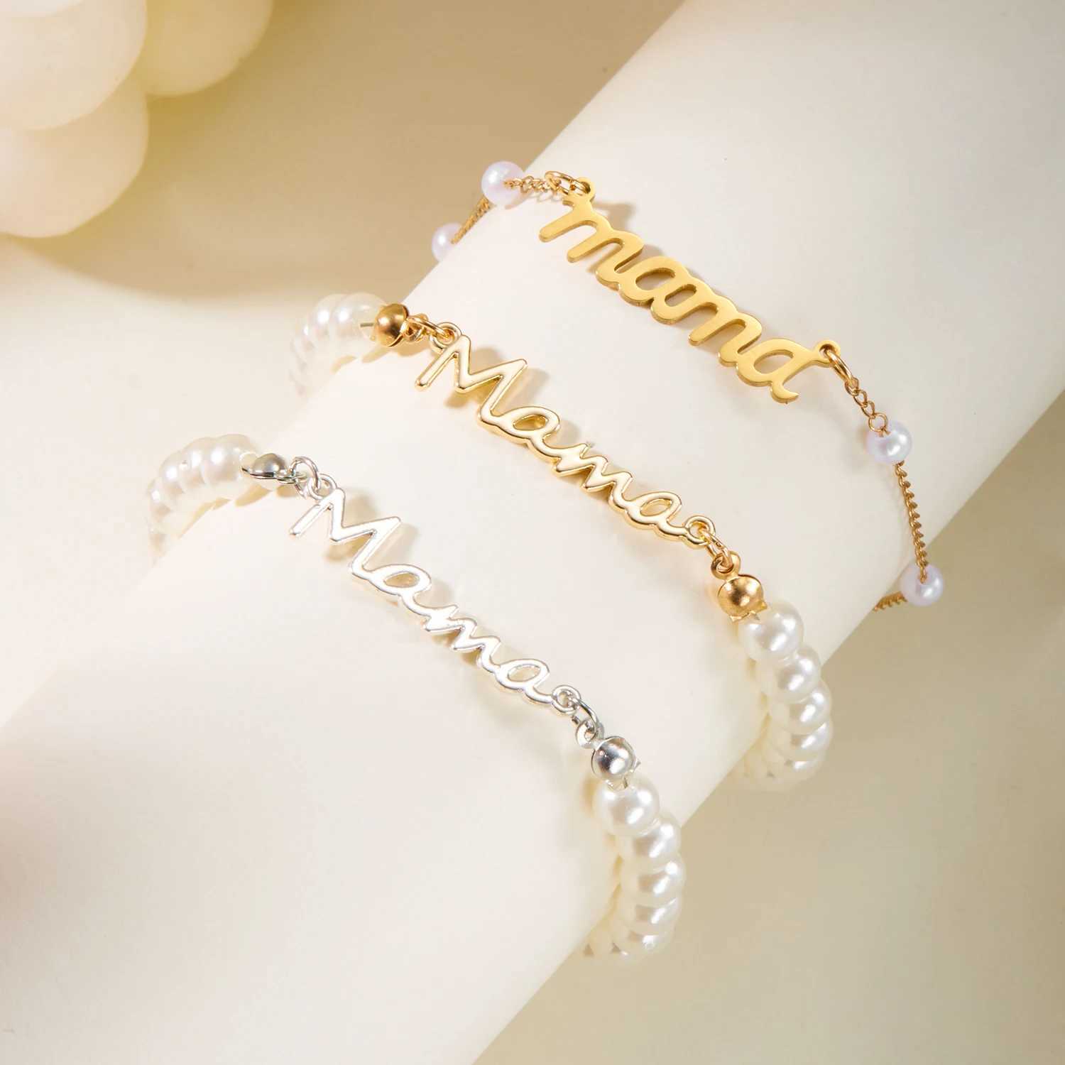 Imitation Pearl Letter Mama Pendant Bracelets Fashion Charms Stainless Steel Chains Bracelet for Women Jewelry Mothers Day GiftC250411