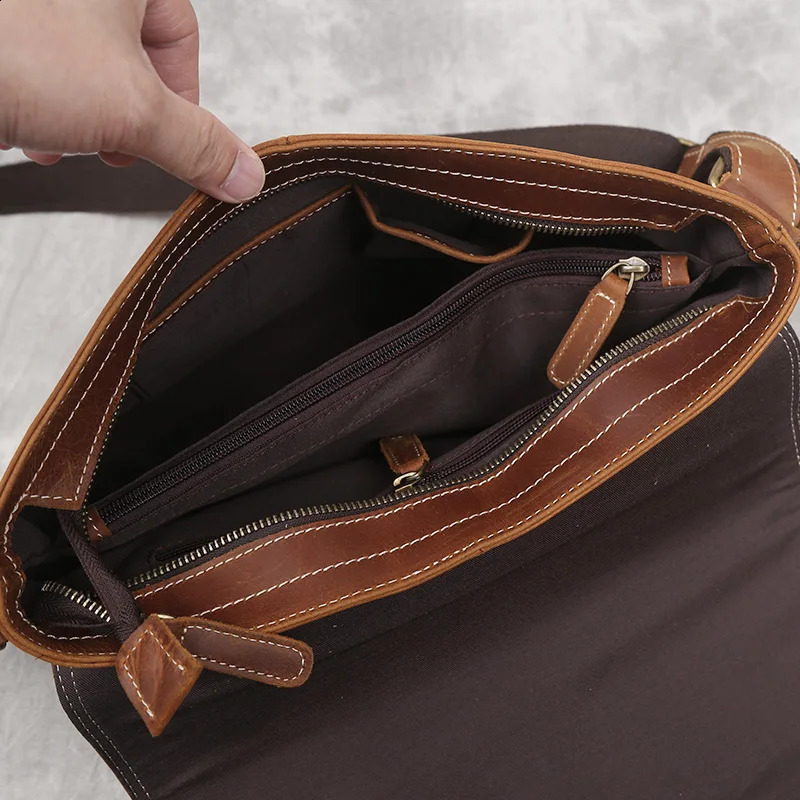 NZPJ Leather Mens Shoulder Bag Retro Top Layer Cowhide A4 File Mens Bag Brown Handmade Crazy Horse Leather Messenger Bag 250407
