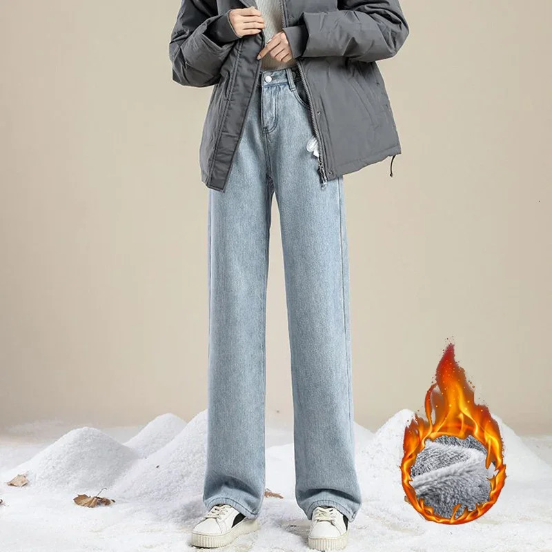 Winter Girls Plush Thermal High Waist Solid Jeans Lady Fleece Snow Warm Denim Pants Women Baggy Straight Leg Daily Trousers Z260313