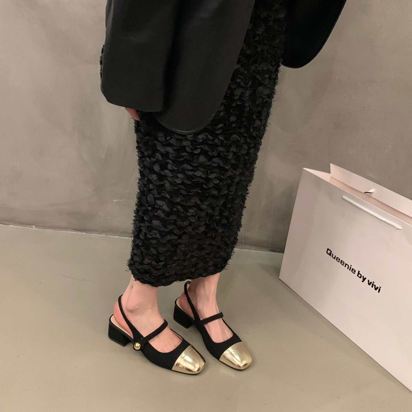 free Shipping Baotou sandals Designer Rear empty high heels Golden square head Thick heeled sandals Wearing casual single shoes outside 2025