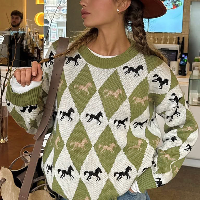 Women's contrast color sweater round neck long sleeve autumn winter casual style pullover sweater street style loose fashion elements all-match h