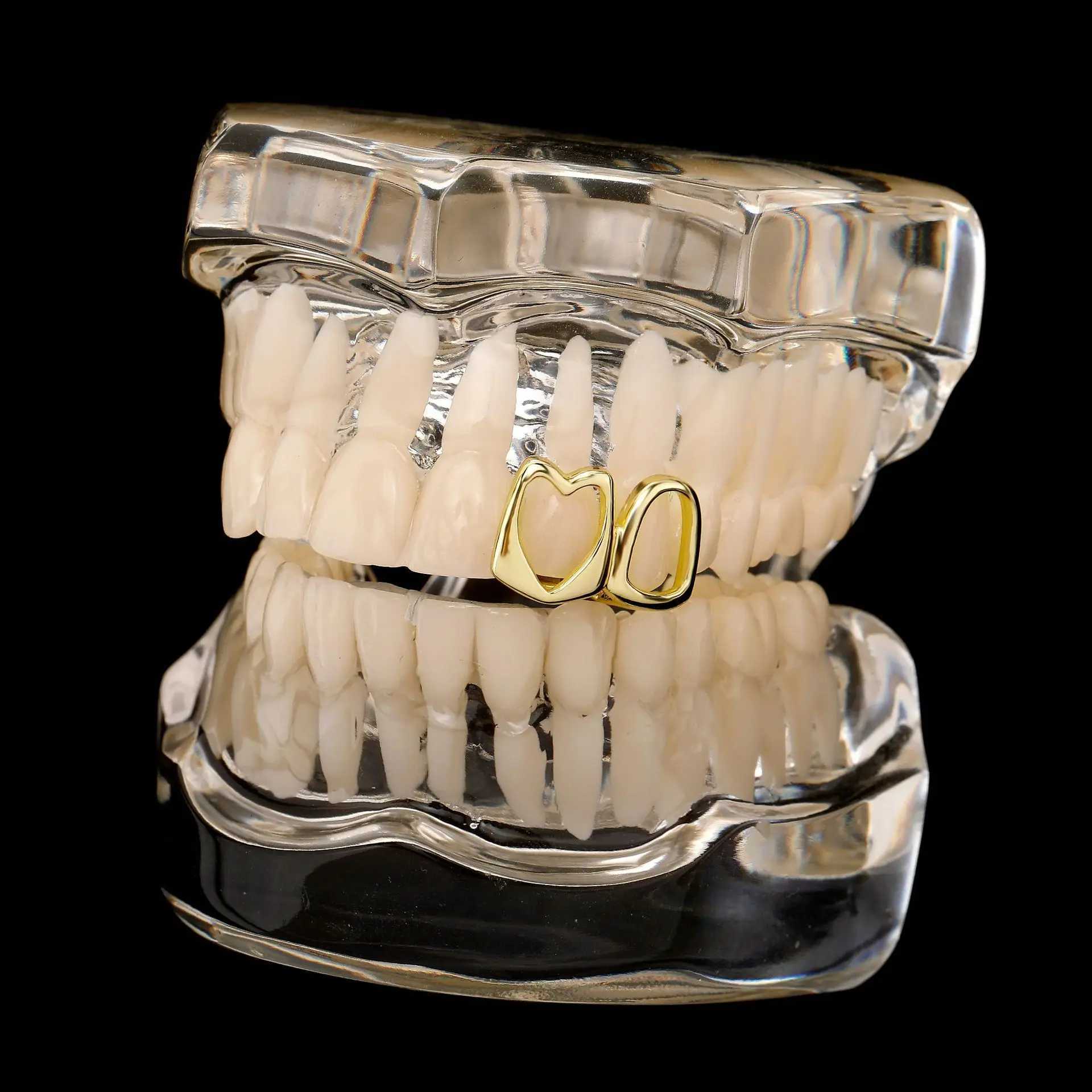 Hip Hop Double Hollow Heart Teeth Grillz 14K Gold Plated Dental Cap per Day W250412