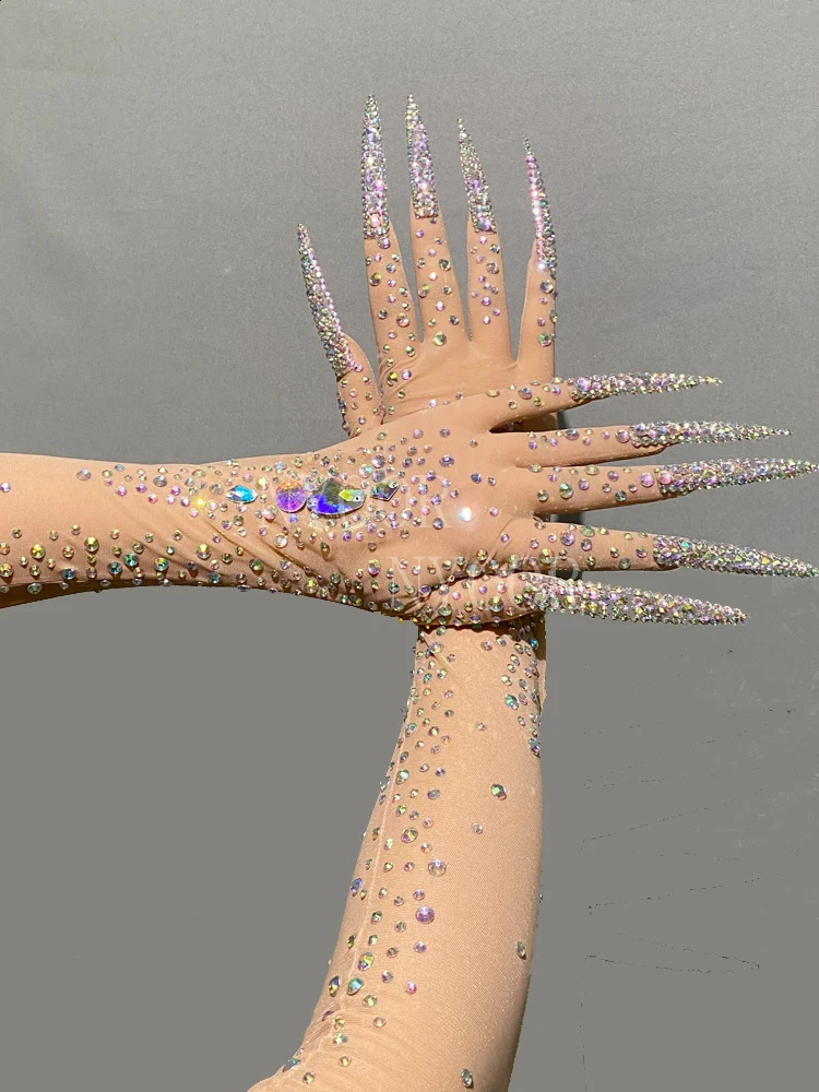Shining Colored Rhinestones Transparent Mesh Sexy Long Gloves Dancer Singer Nightclub Dance Stage Po Shoot Wear 250408