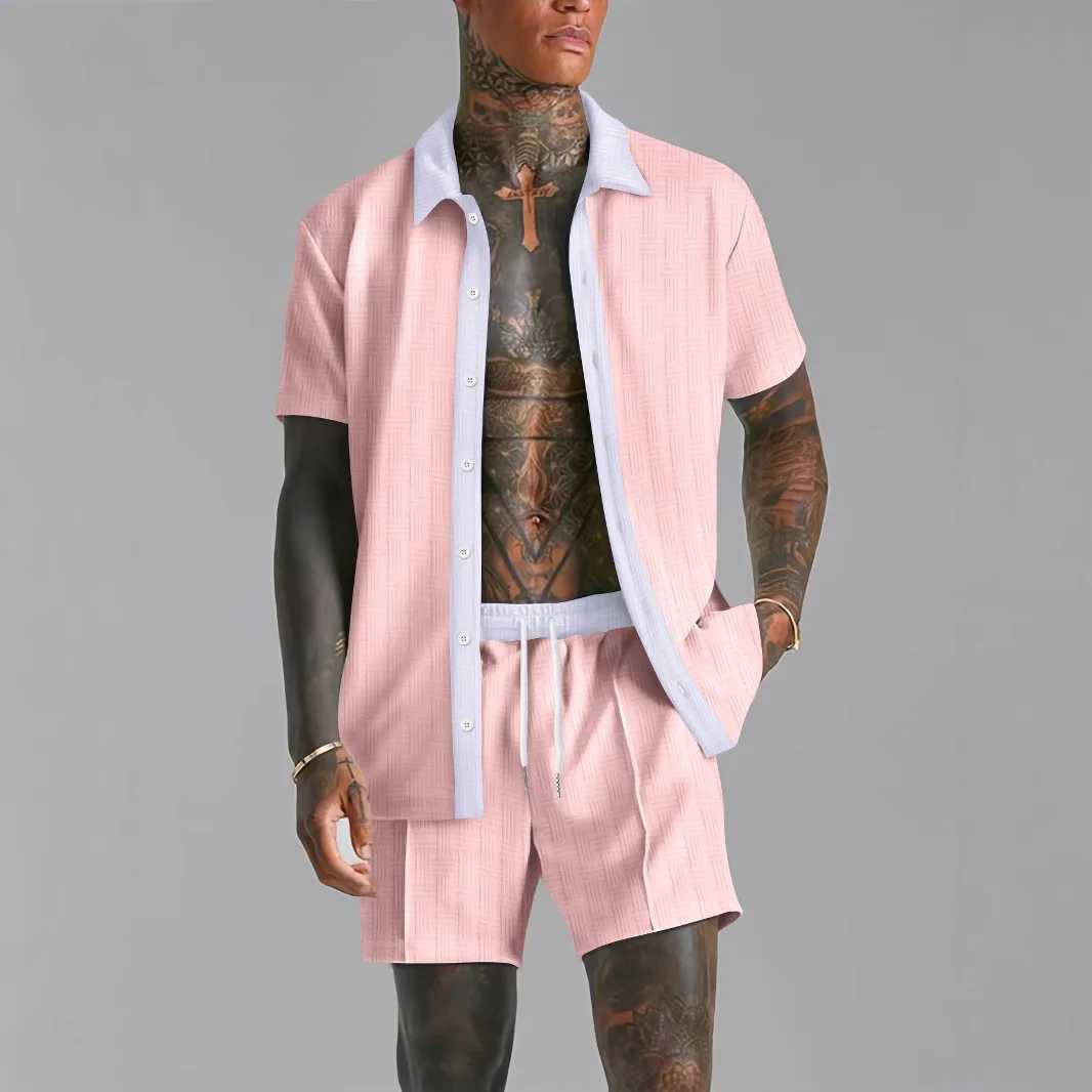 Handsome mens clothing 2025 new summer short sleeved shorts comfortable cardigan wool sweater two-piece casual outdoor mens clothingXJ250412