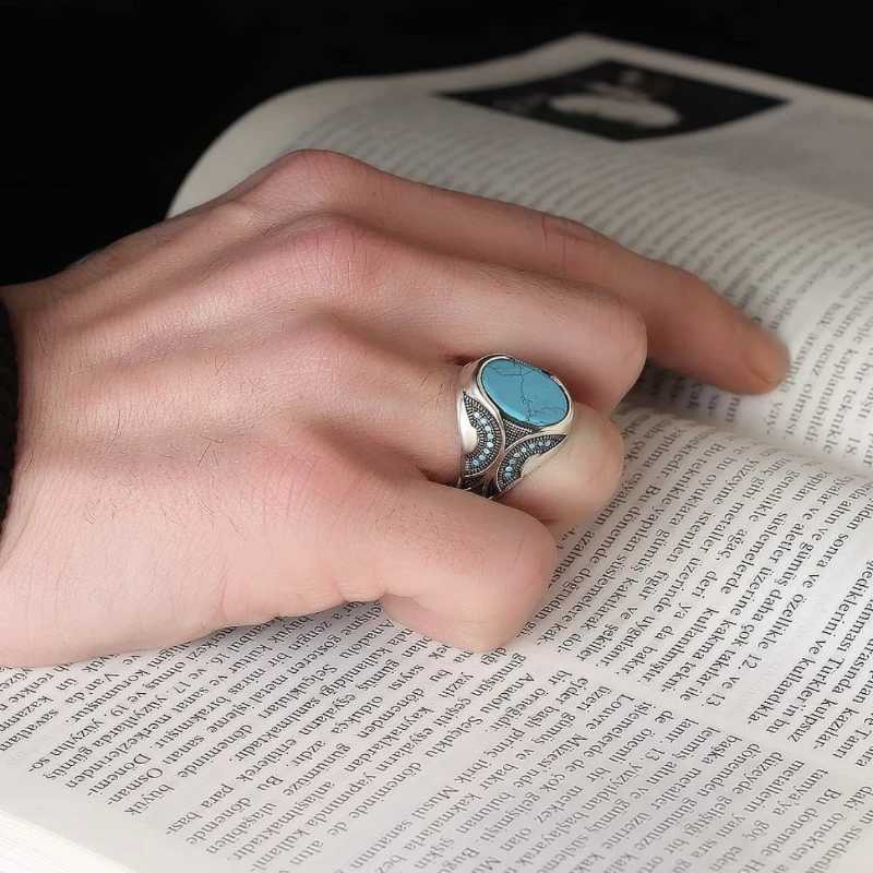 Fashionable retro turquoise mens business ringXJ250412