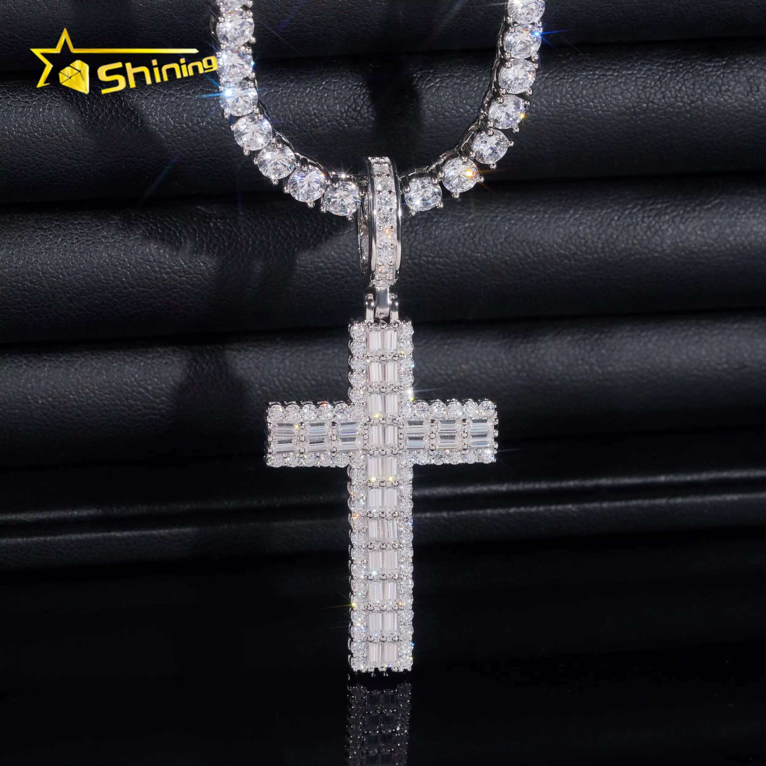 High-end Luxury Baguette Diamond 925 Silver Cross Mens Iced Out Hip Hop Moissanite Pendant for Tennis Chain