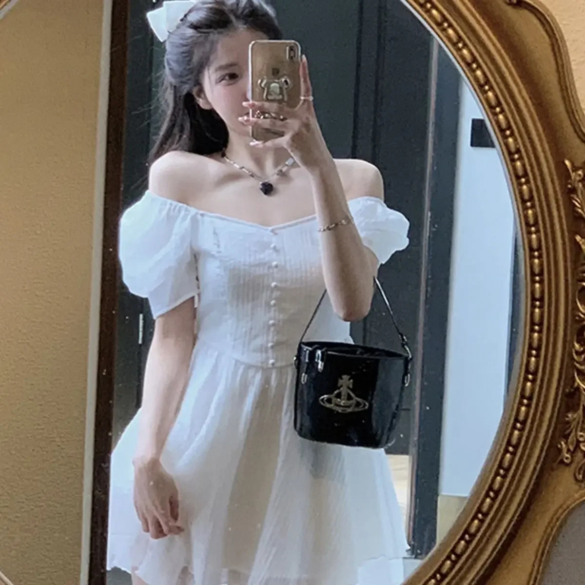 Solid color retro square neck puff sleeve mini dress for women sweet and simple pleated tight corset Aline fitting summer midi 250411