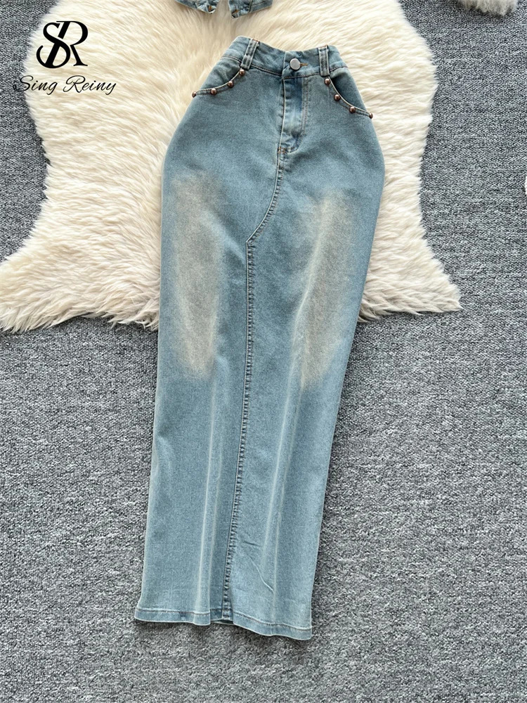 SINGREINY American Retro sweet Sets Women Zipper Rivet Skinny TopHigh Waist Split Bodycon Skirt Streetwear Denim 2pcs Suits 250411