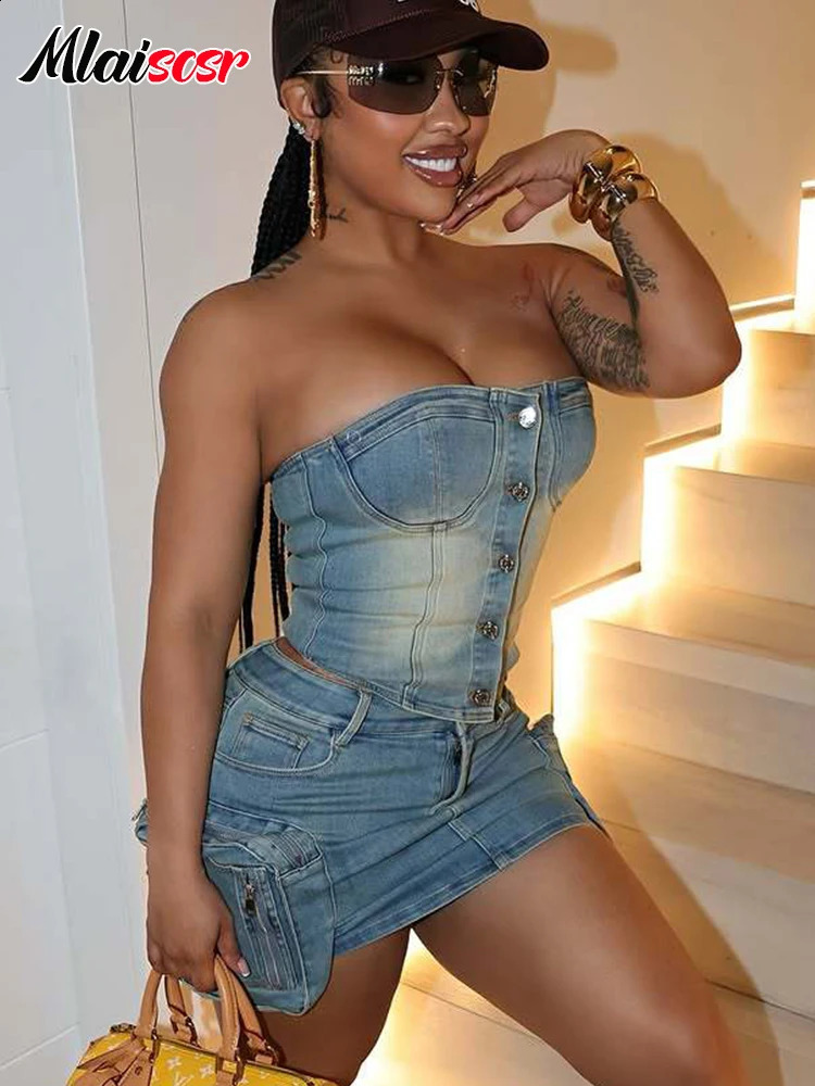 Mlaiscsr Sexy Sleeveless Backless Strapless Crop Tops and Wrap Hip Skirt Denim Two Piece Sets Women Pockets Streetwear Outfits 250411