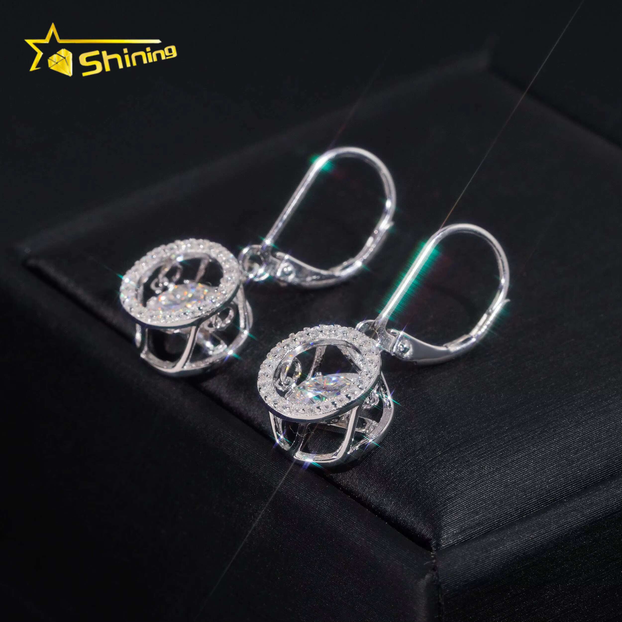 Fine Jewelry Women Drop Earrings Iced Out 925 Solid Silver Moving VVS Moissanite Earrings Hip Hop Hoop Earrings
