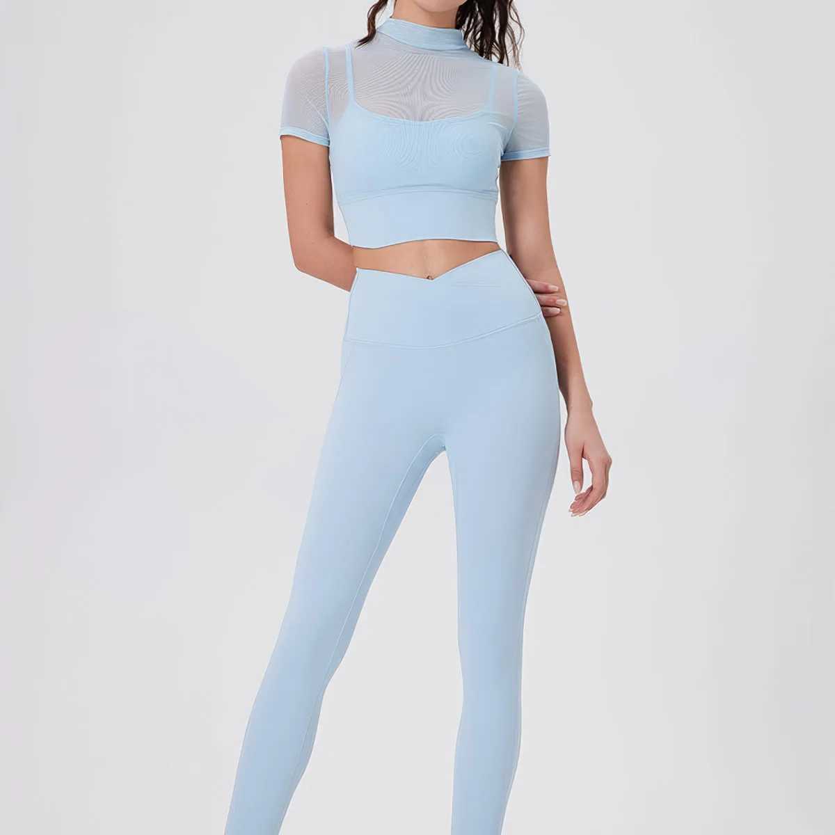 Yoga Set 2 Pieces Fitness Clothes Sexy Mesh Short Sleeve Top Buttery Soft Leggings Gym Suit Outdoor Running Sportswear Workout J251112