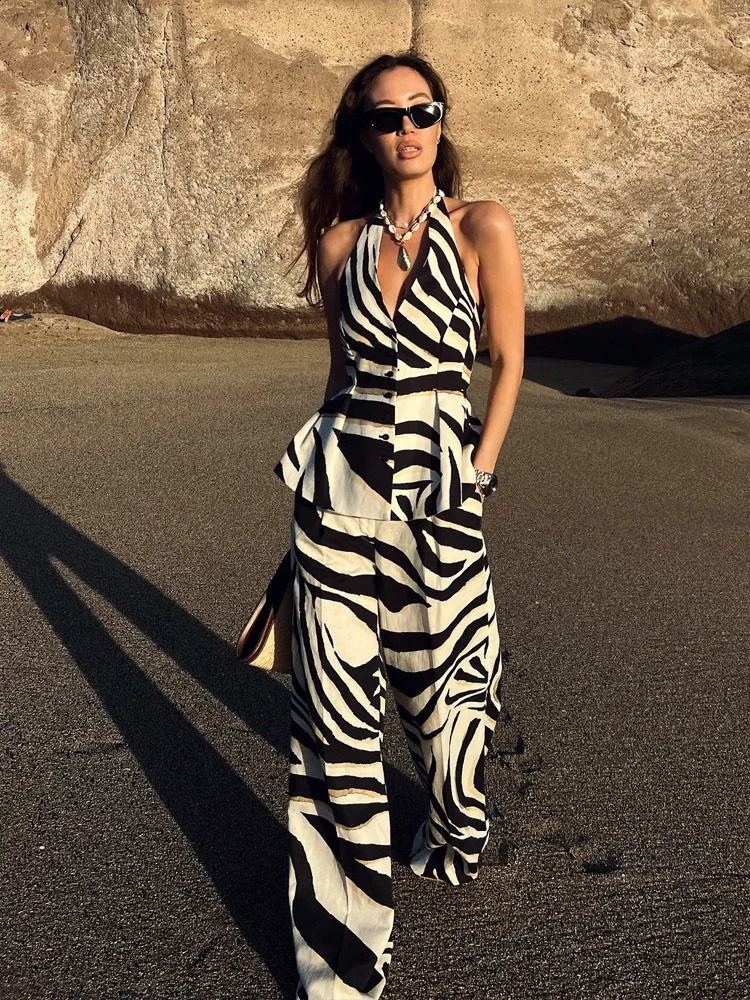 TRAFZA Women Pants Suit Fashion Zebra Stripes Single Breasted Sexy Sleeveless V-Neck TopHigh Waist Zipper Casual Wide Leg Pants 250411