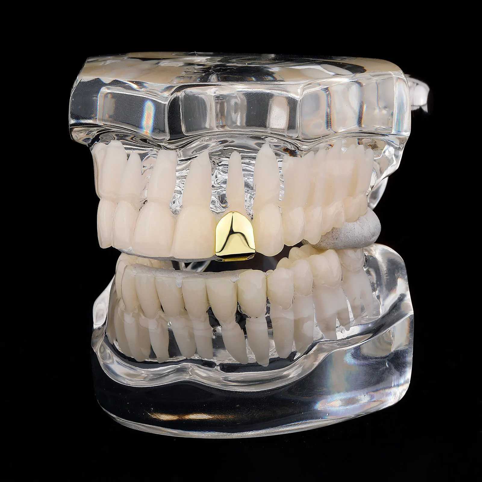 Rachelz Classic Single Gloss Teeth Grilz Gold and Silver Rose Colored Tooth Hat Womens Jewelry Halloween Role Playing Gift W250412
