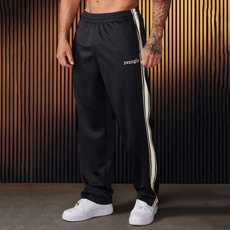 2025YOUNGLA, Men's with Ribbon Stripe Splicing Embroidered Casual Pants, Gym Sports Straight Pants