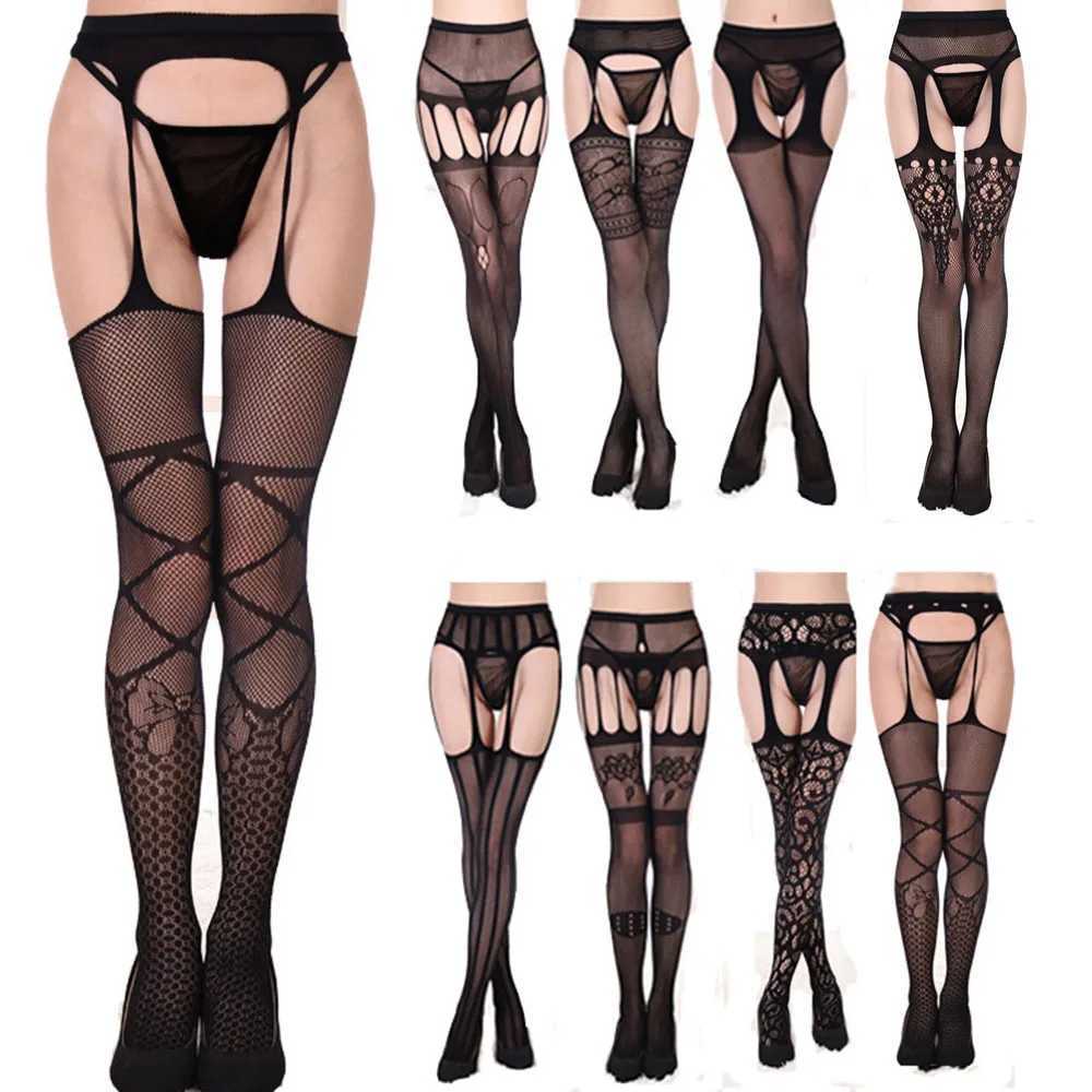 Sexy pendant stockings high knee socks open crotch pantyhose grab womens crotch tight sexy party lace sex W250412