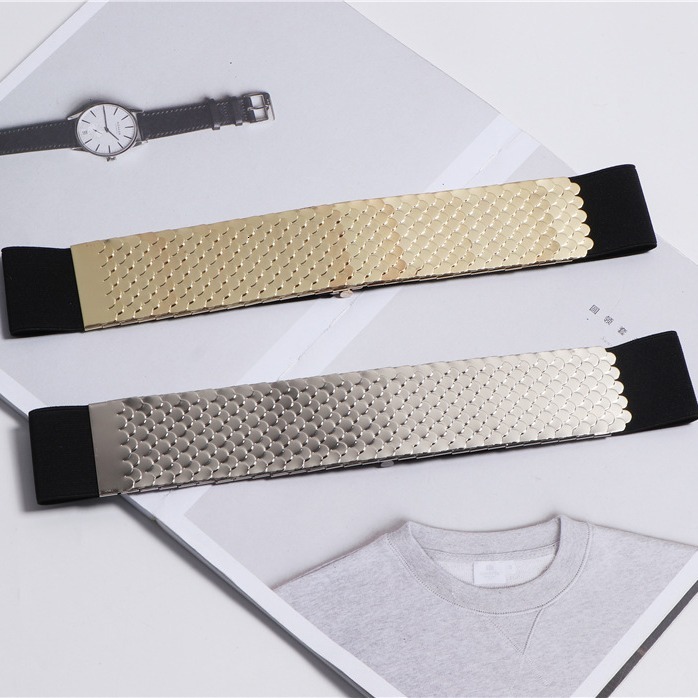 Fashionable waist seal, women's wide waistband, personalized metal fish scale decoration dress with versatile coat, elastic belt