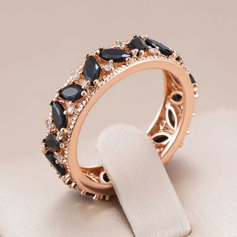 Kinels unique black crystal stone ring for women 585 rose gold full-color natural zircon Accord luxurious and fashionable daily jewelryXJ250412