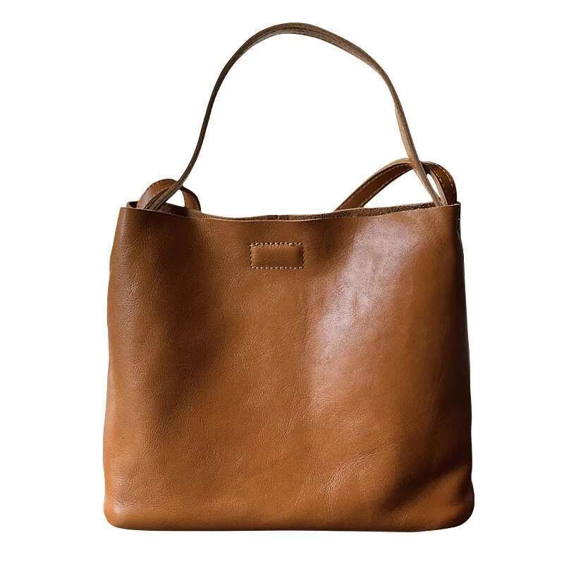2025 New Genuine Leather Simple Bucket Shoulder Bags Vintage Large Capacity Cowhide Solid Color Women Handbag