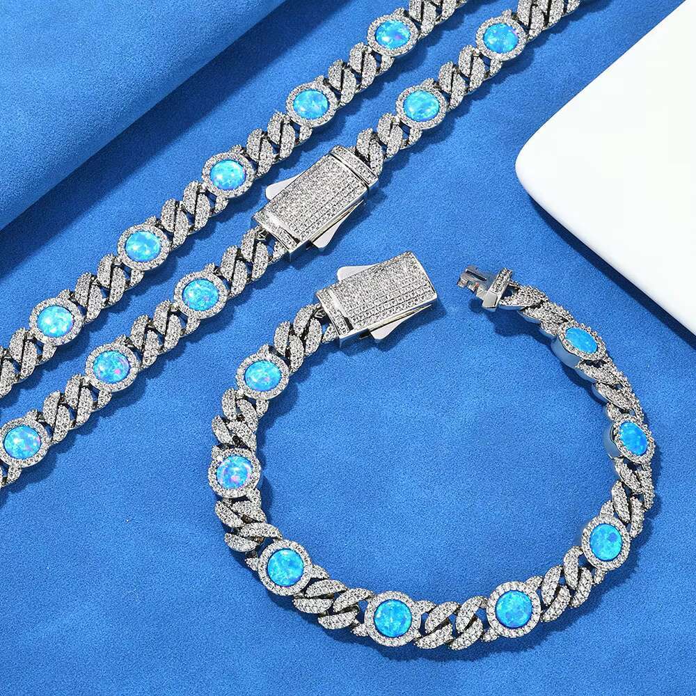 S925 Silver Moissanite Blue Gemstone Cuban Chain Opal Mens Bracelet Custom Jewelry - view 5
