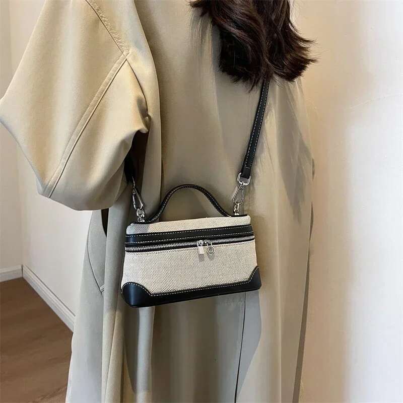 High quality canvas women's box shoulder on sale 2025 new zipper patchwork sewing thread makeup fashion crossbody bag