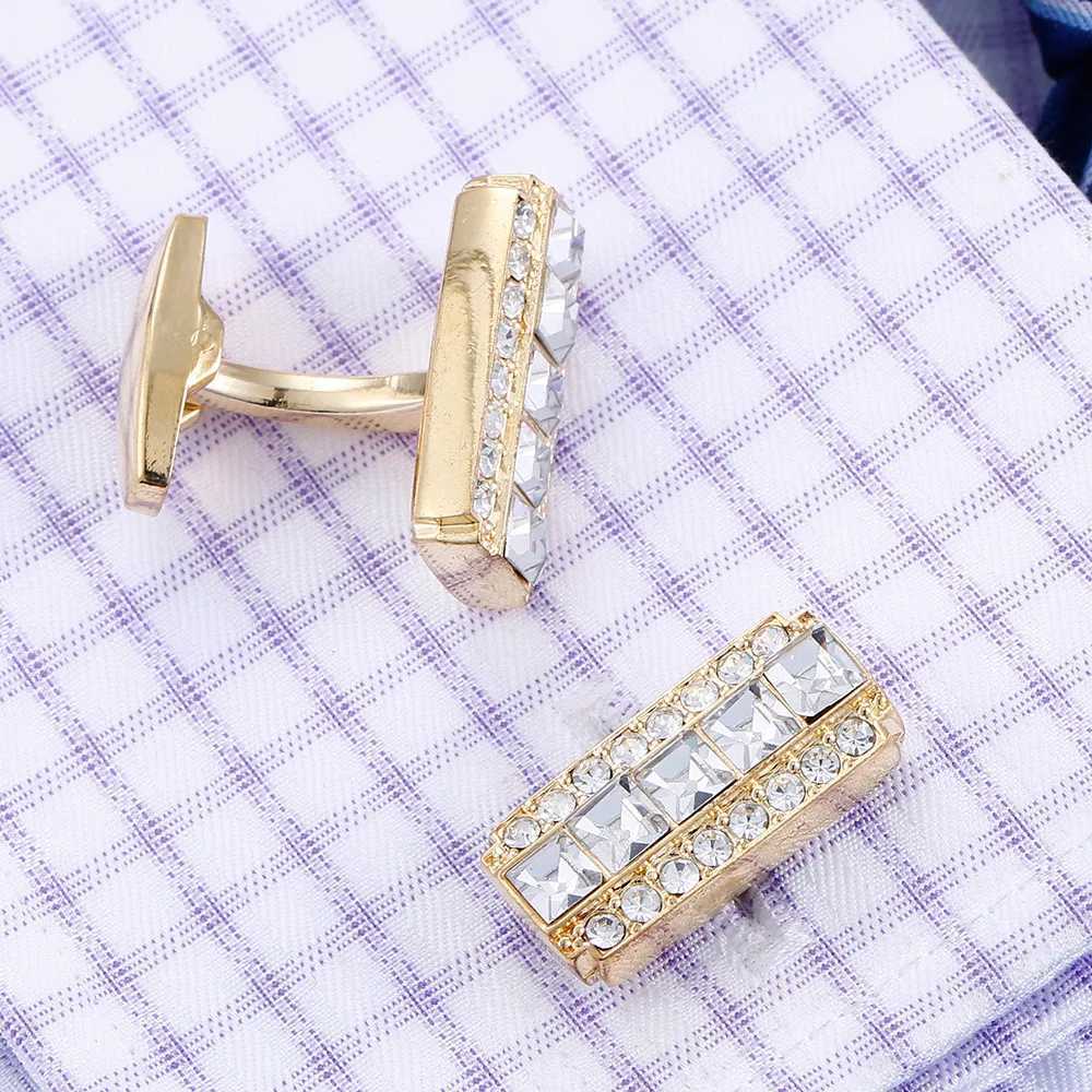 High quality white rhinestone set French shirt gold cufflinks mens wedding grooms buttons fathers business discount jewelryT250412