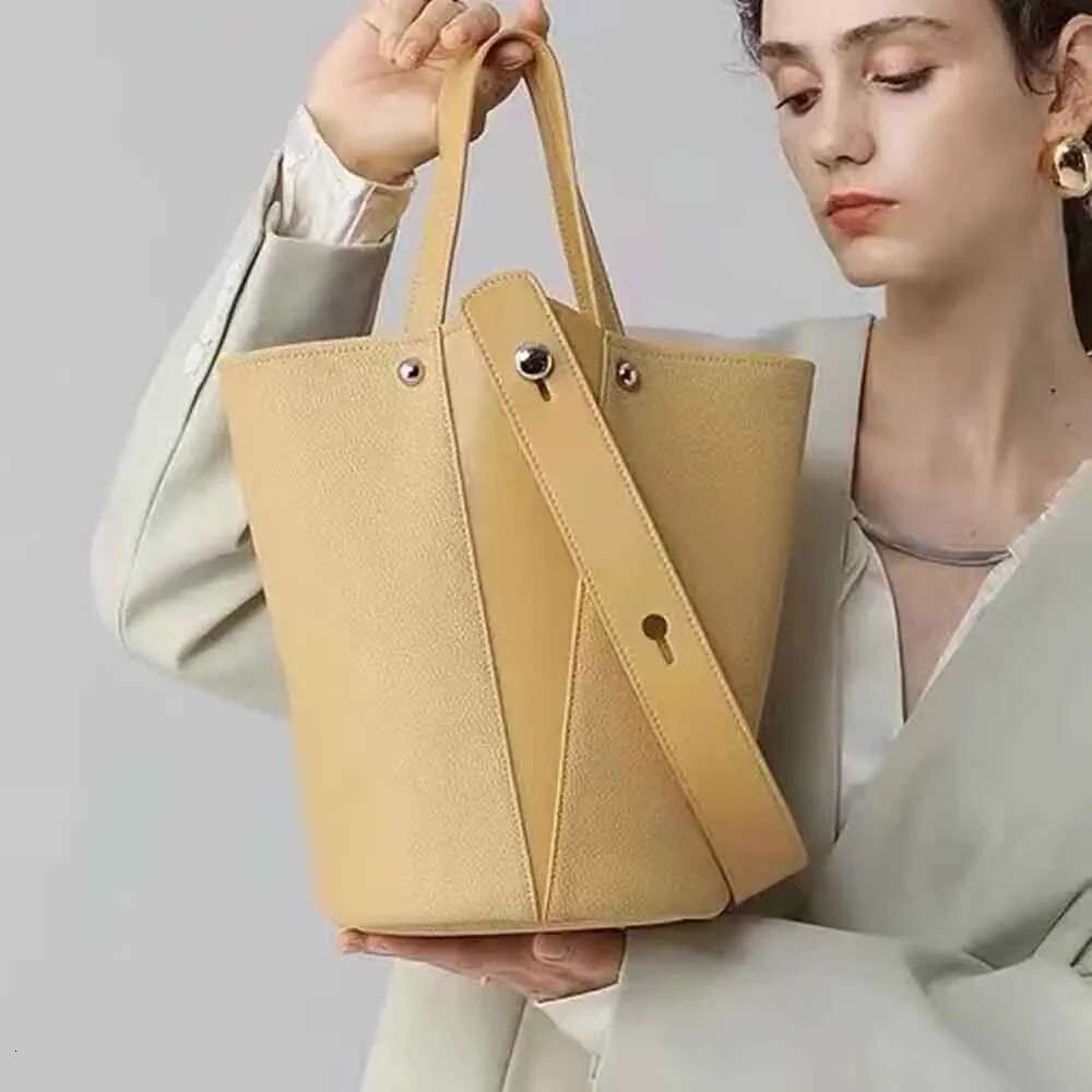 MS Fashion Genuine Leather Bucket Bags For Women Patchwork Handbag Shoulder Unique Shape Lady Basket Bag 2023