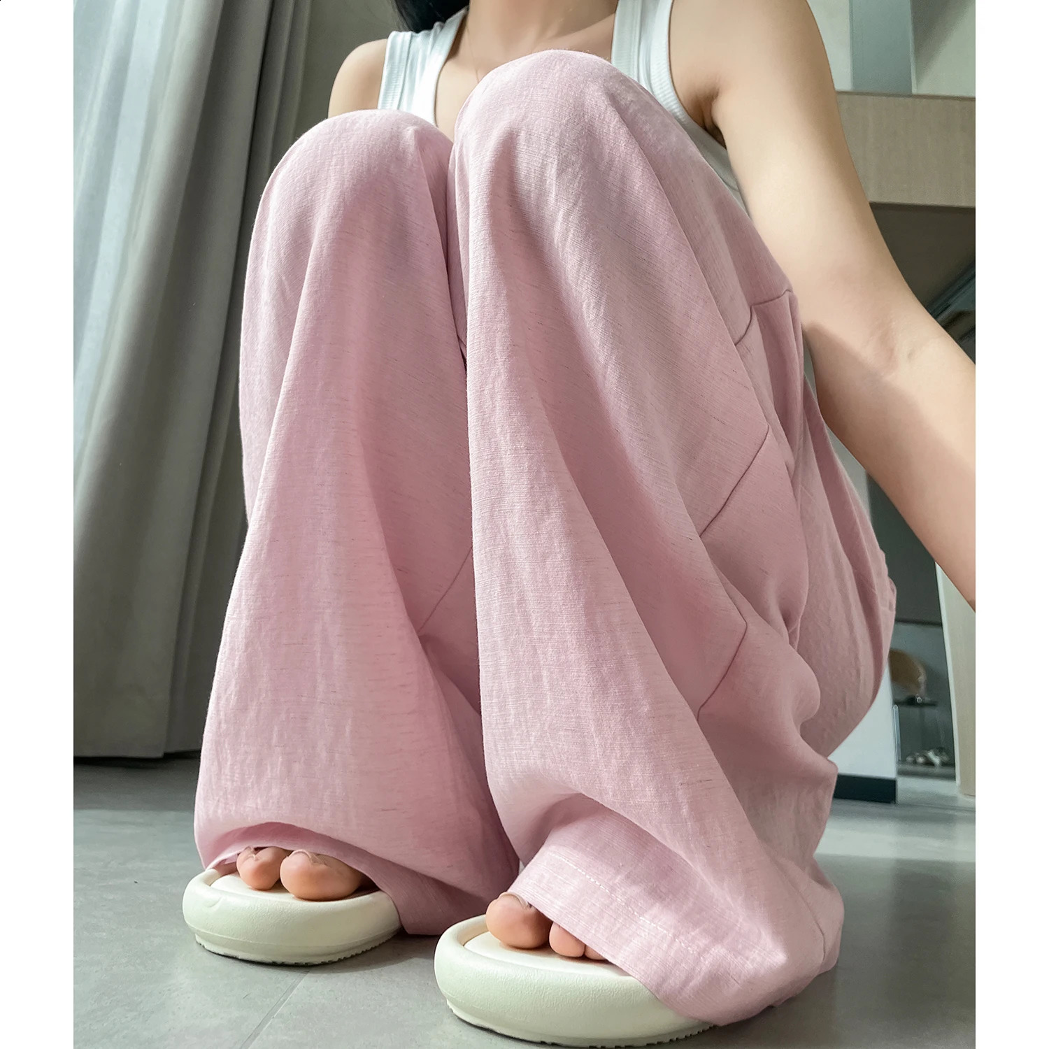 Cotton and Linen Womens Wide Leg Full Pants High Waist Summer Female Elegant Minimalism Straight Loose Trousers Autumn 250411