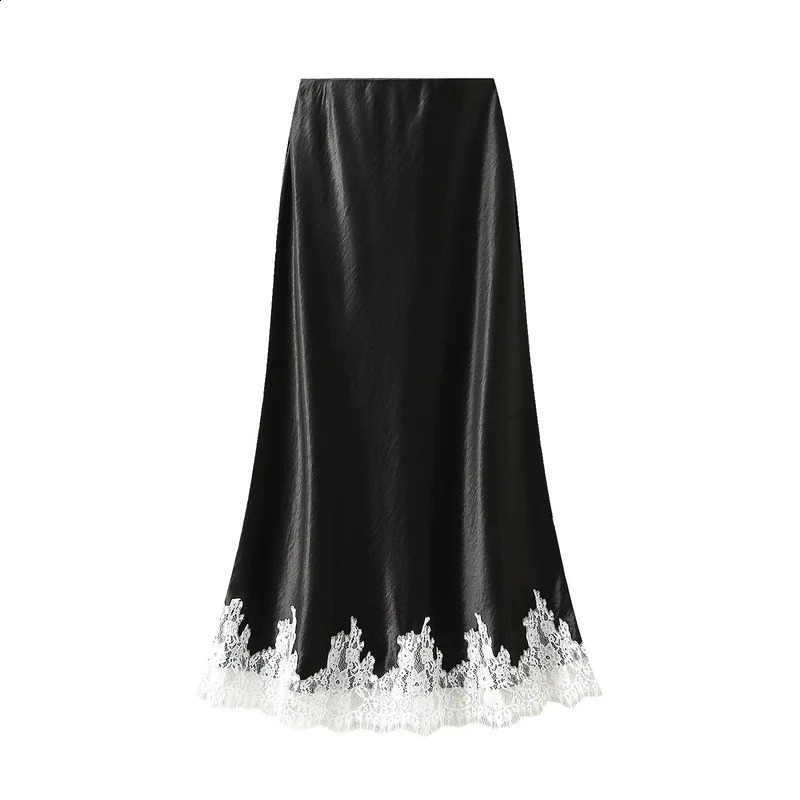 Women Lace Patchwork Satin Long Skirt 2025 Spring Summer High Waist Elegant Fashion Skirts 250411