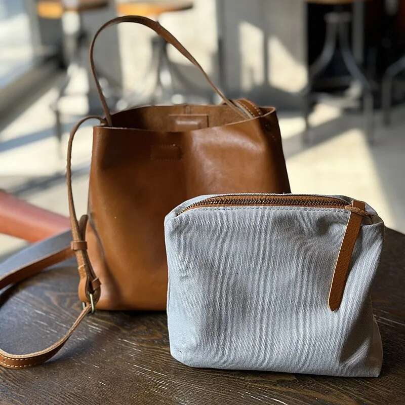 2025 New Genuine Leather Simple Bucket Shoulder Bags Vintage Large Capacity Cowhide Solid Color Women Handbag