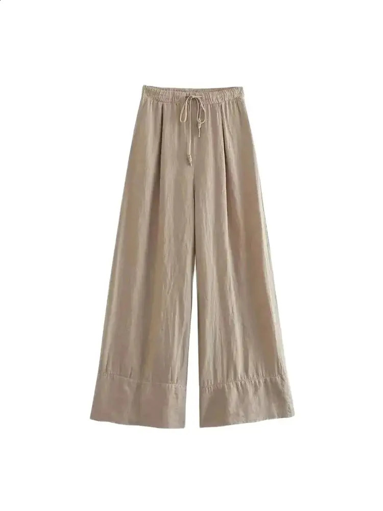 TRZA Women Fashion Side Pockets Linen Wide Leg Pants Vintage High Elastic Waist With Drawstrings Female Trousers Mujer 250411