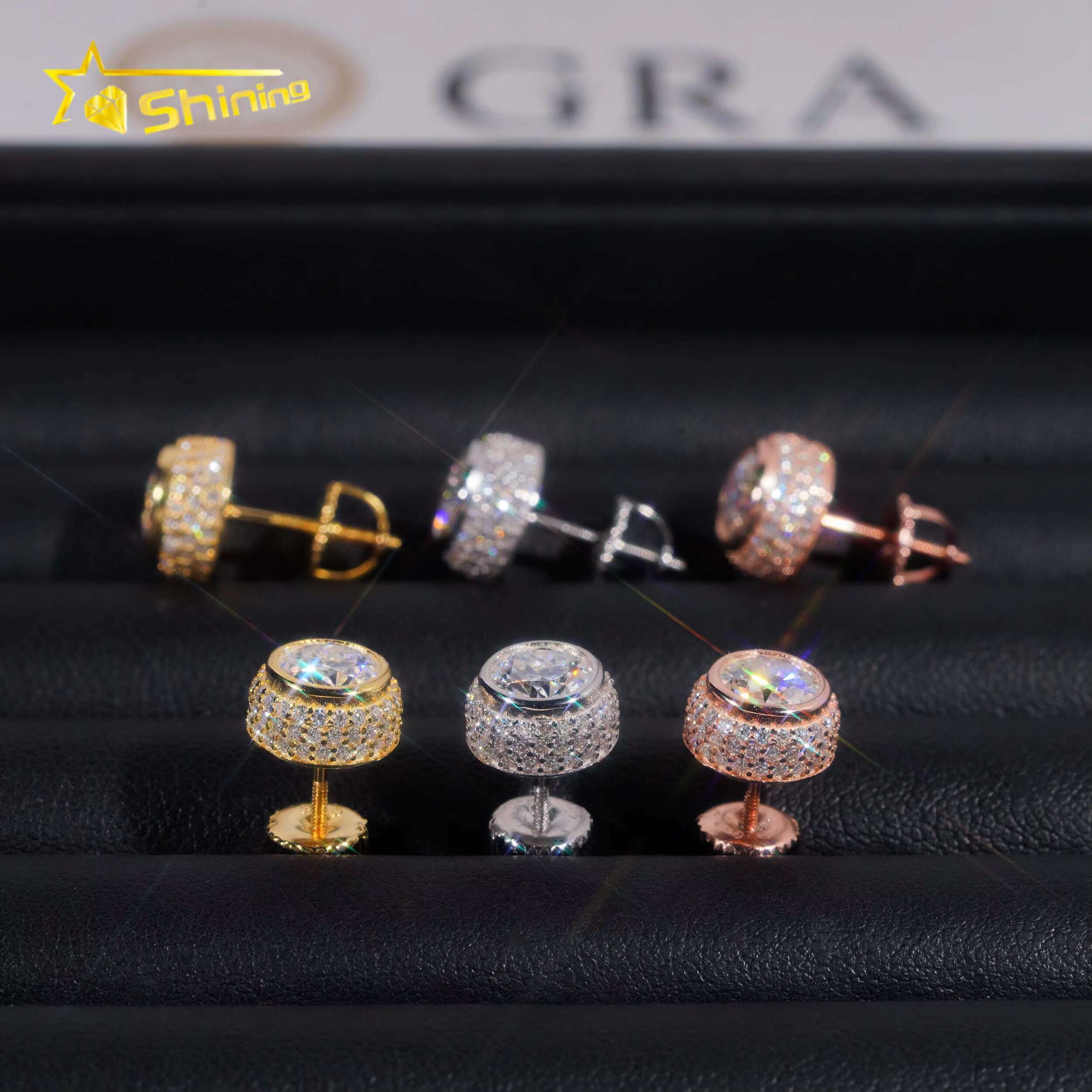 Ready to Ship Men Hip Hop Jewelry 925 Sterling Silver Gold Plated Iced Out Moissanite Men Stud Earrings With GRA
