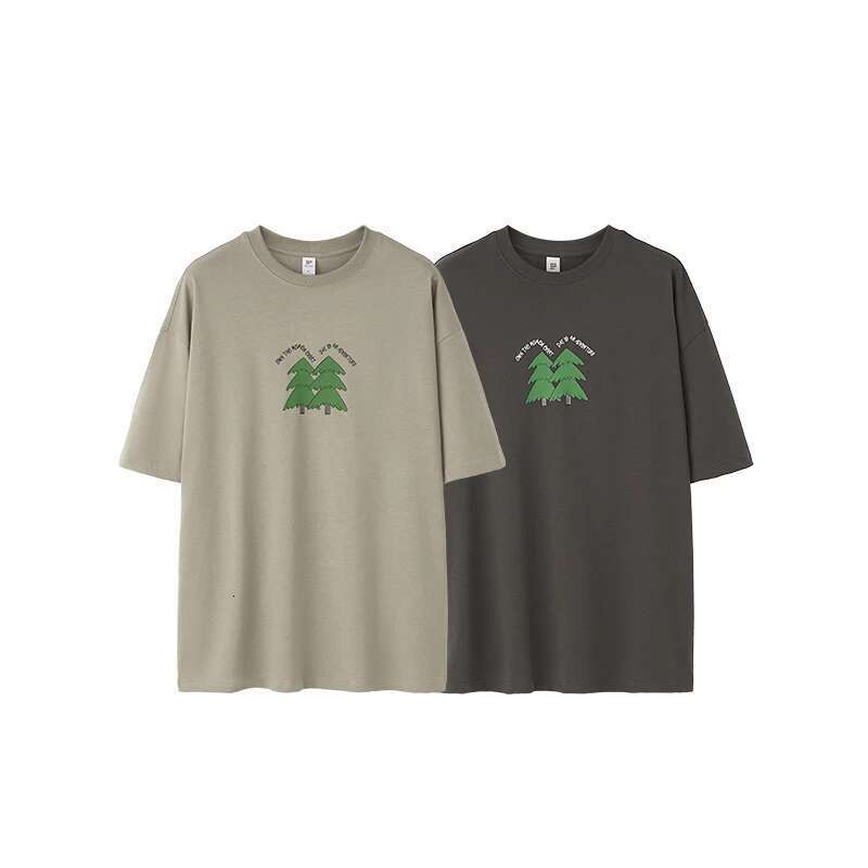 265G Pine Tree Puff Print T-Shirt Heavyweight Oversize Casual Pure Cotton Short Sleeve Unisex