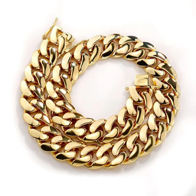 Mens Simple Plain Cuban Chain Necklace Solid Yellow Gold Plated Hip Hop Styles Big Size Miami Cuban Link Daily Wear Jewelry