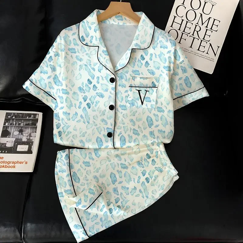 Victorian Style Fashion Leopard Print Womens Pajamas Retro Literary Fresh Homewear 2025 Summer Short Sleeve Shorts Pyjamas 250411