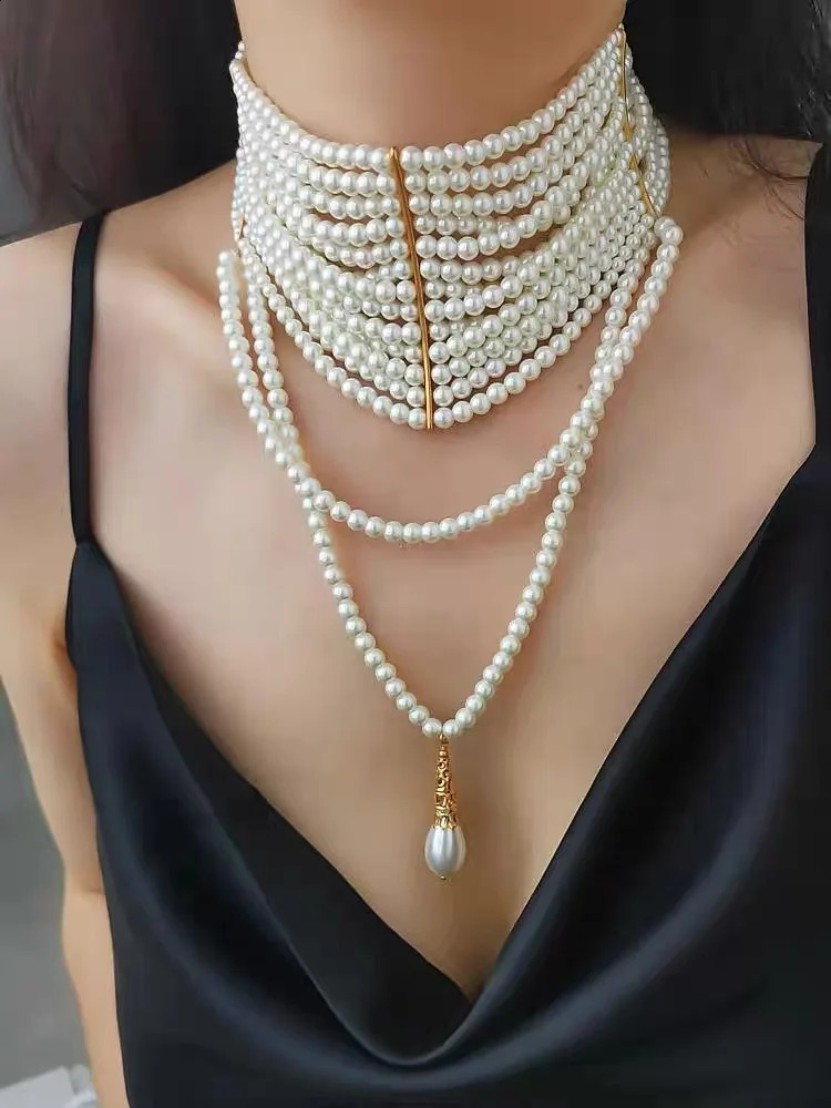 Vintage Handmade Multi-layer Pearl Tassels Choker Collar Chain Necklace for Women Dinner Europe Fine Jewelry 250407