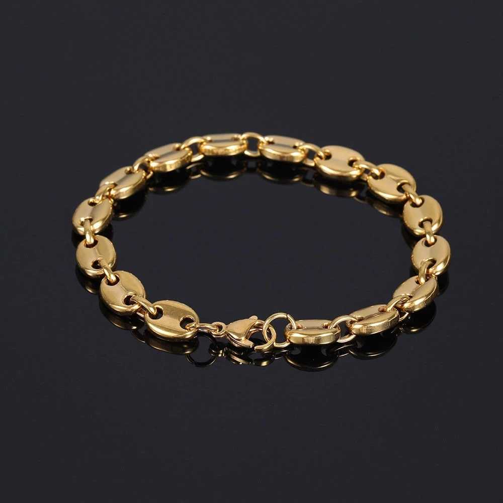 New Coffee Beans Pig Nose Chain Bracelet Men Stainless Steel Jewelry Polished Strong Real Gold Plated ColorC250411