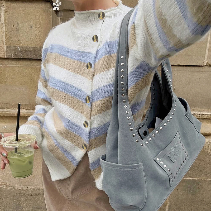 Women's autumn and winter clothing, women's casual style, fitted round neck fashionable sweater, colorful striped front asymmetrical design 