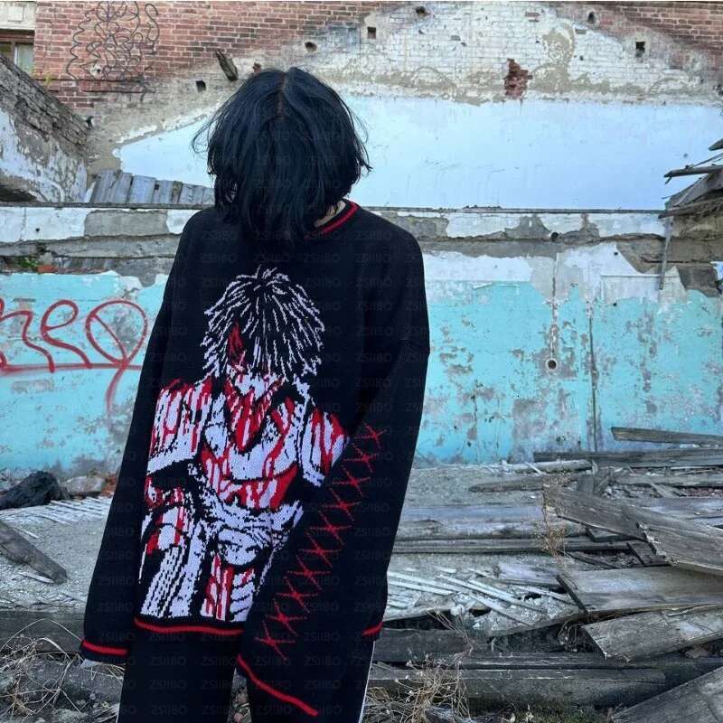 Gothic Black Cartoon Anime Jacquard Knitted Y2k Winter Warm Oversized Women's Sweater 2000S Punk Hip-Hop Streetwear